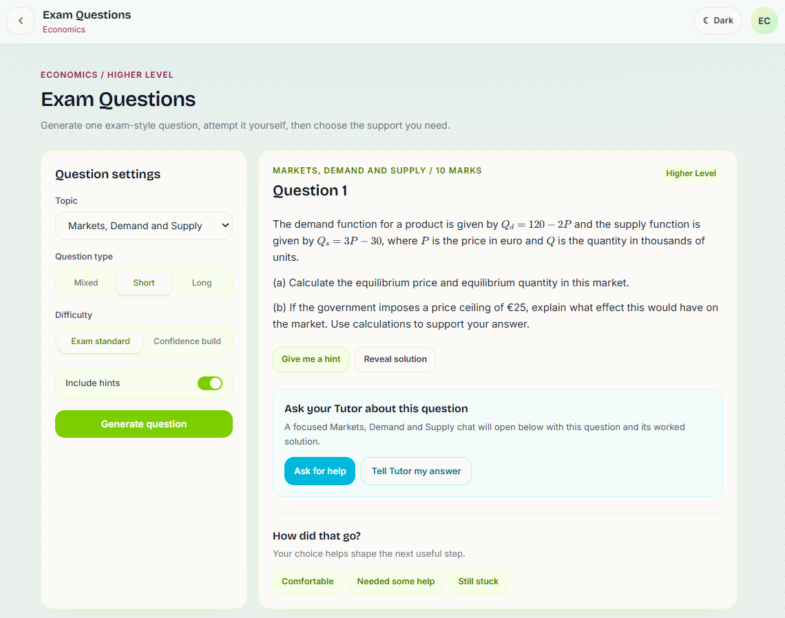 A GrindsAI Economics exam question with topic and difficulty controls, Tutor support, and reflection options.