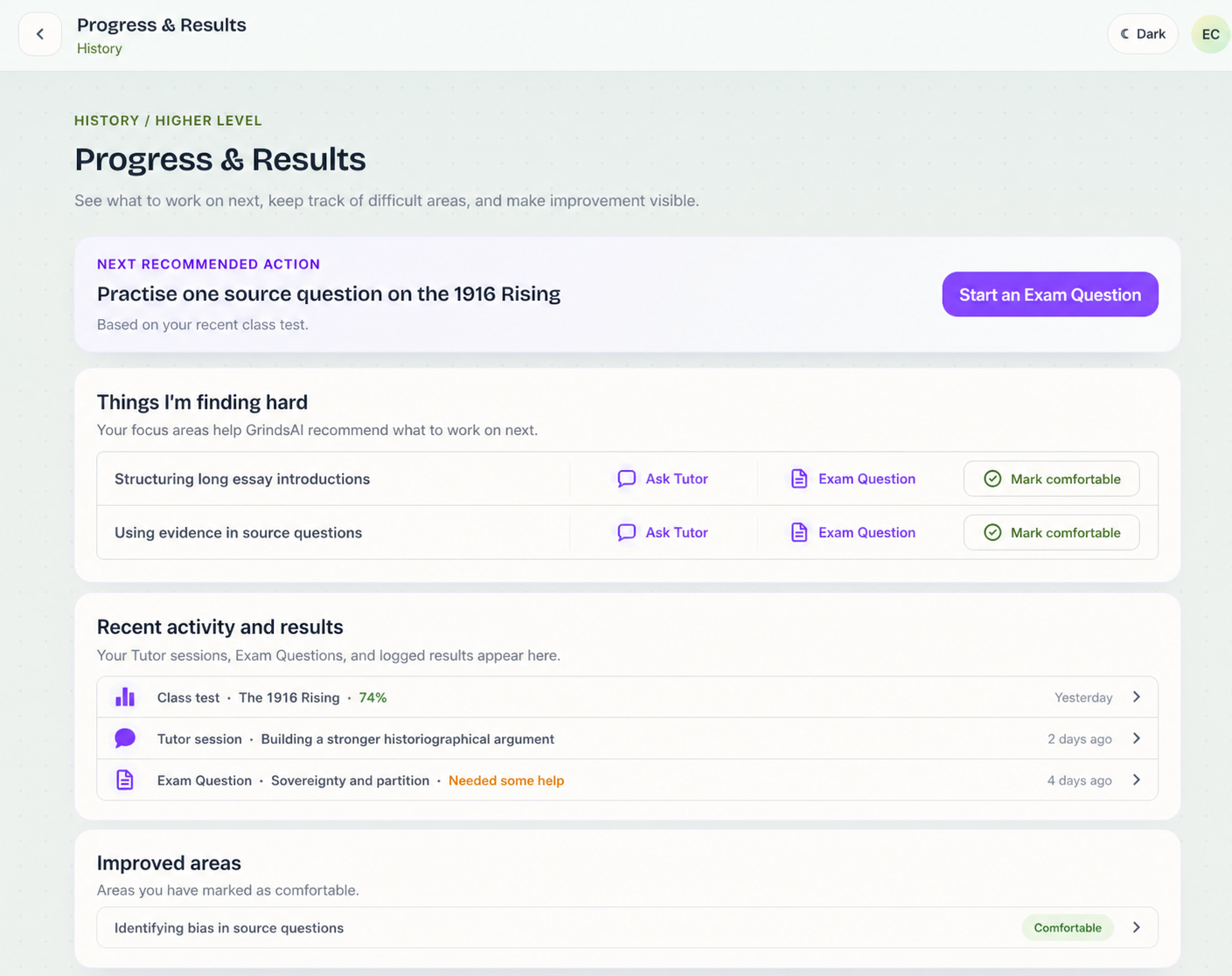 The GrindsAI Progress and Results page with focus areas, recent activity, and improved areas.
