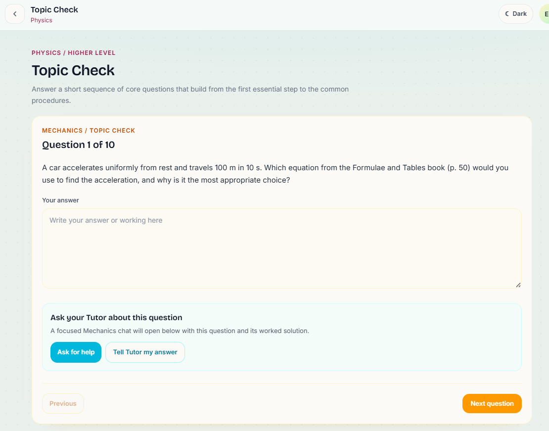 A GrindsAI Physics Topic Check asking a Mechanics question with space to show working and Tutor support available.
